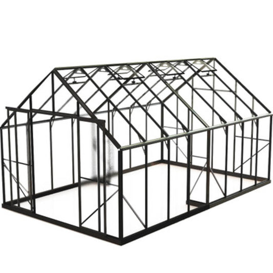 10x16 glasshouse frame with black metal structure and clear toughened glass panels