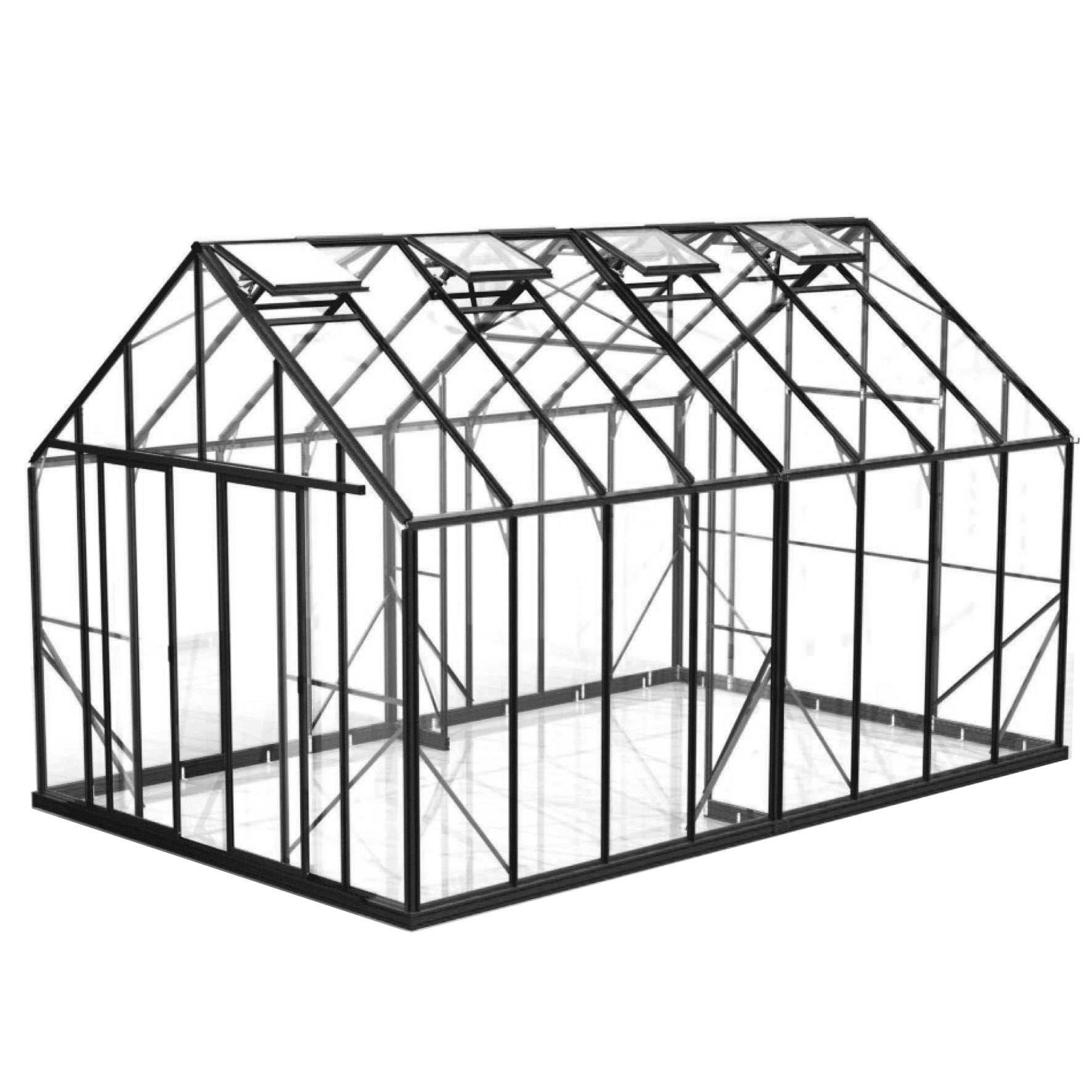 10x16 black aluminum greenhouse frame with clear glass panels and roof vents