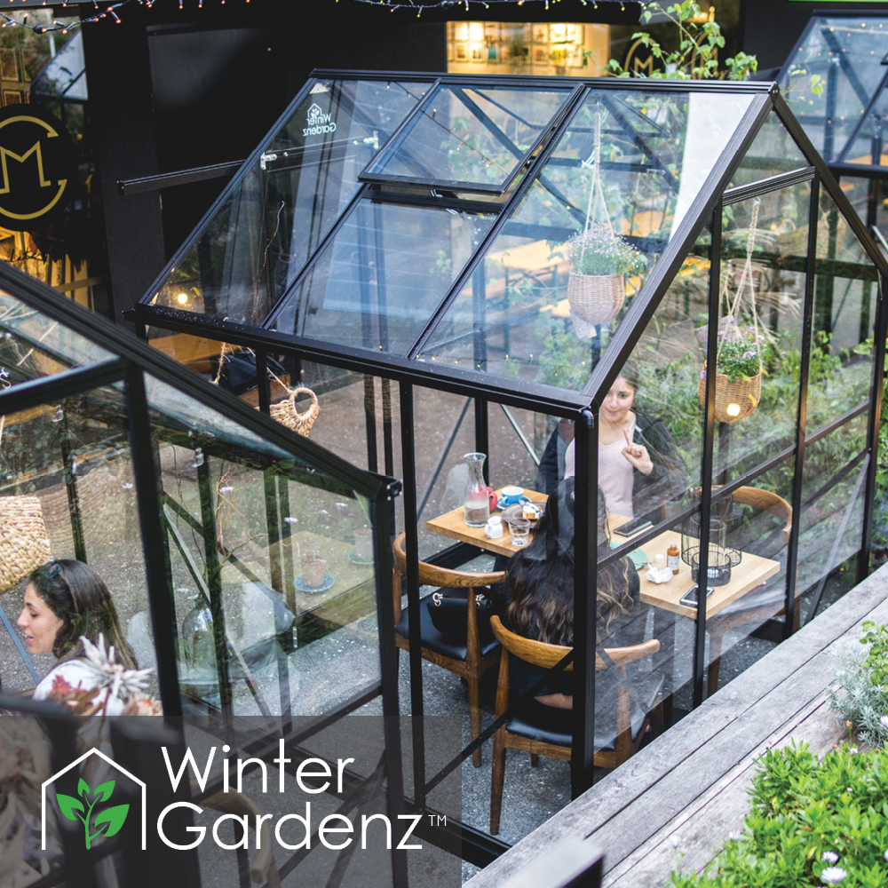 Two women sitting and chatting inside a black-framed glass winter garden with hanging plants