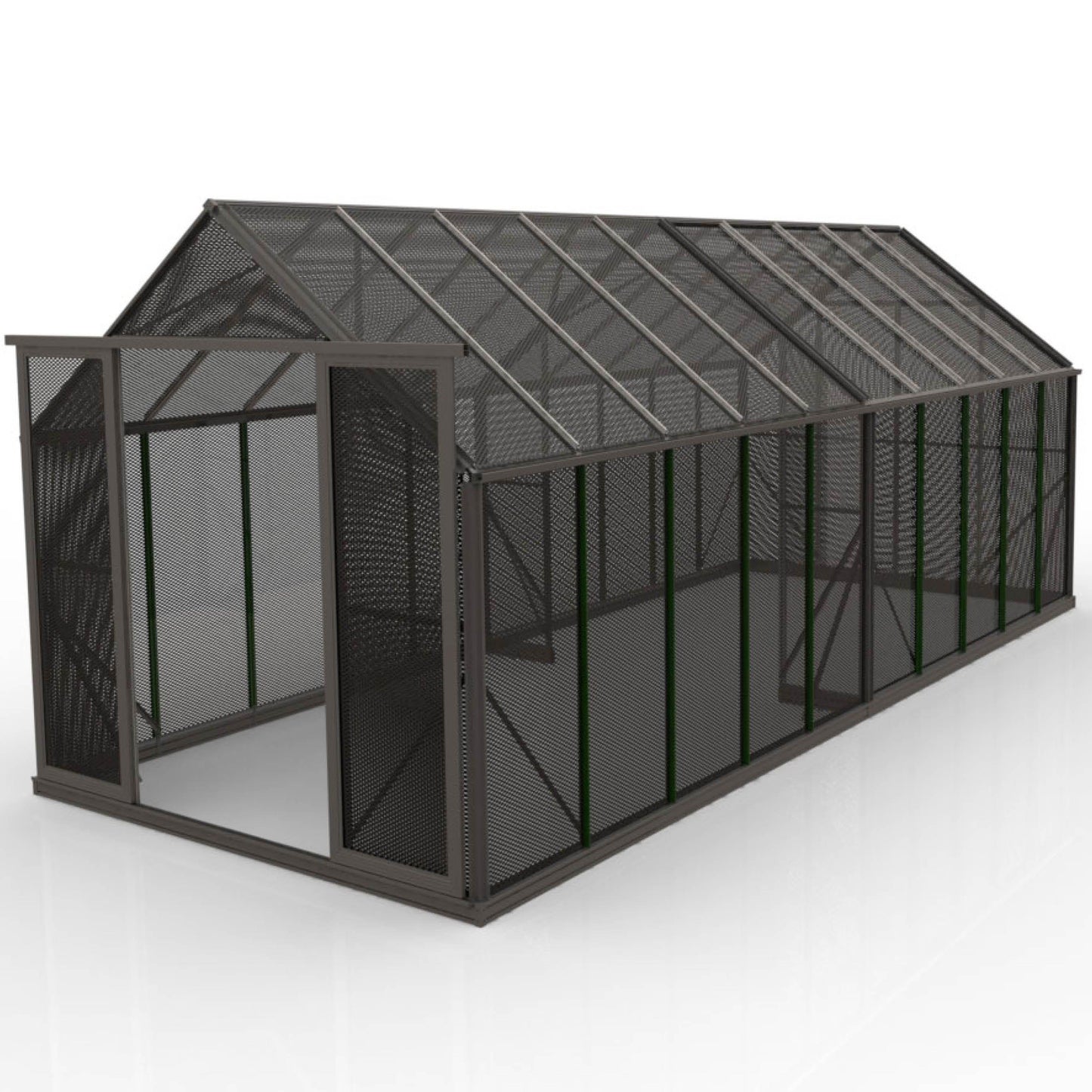 8x20ft mesh shade house with metal frame and mesh panels, open entrance, angled roof