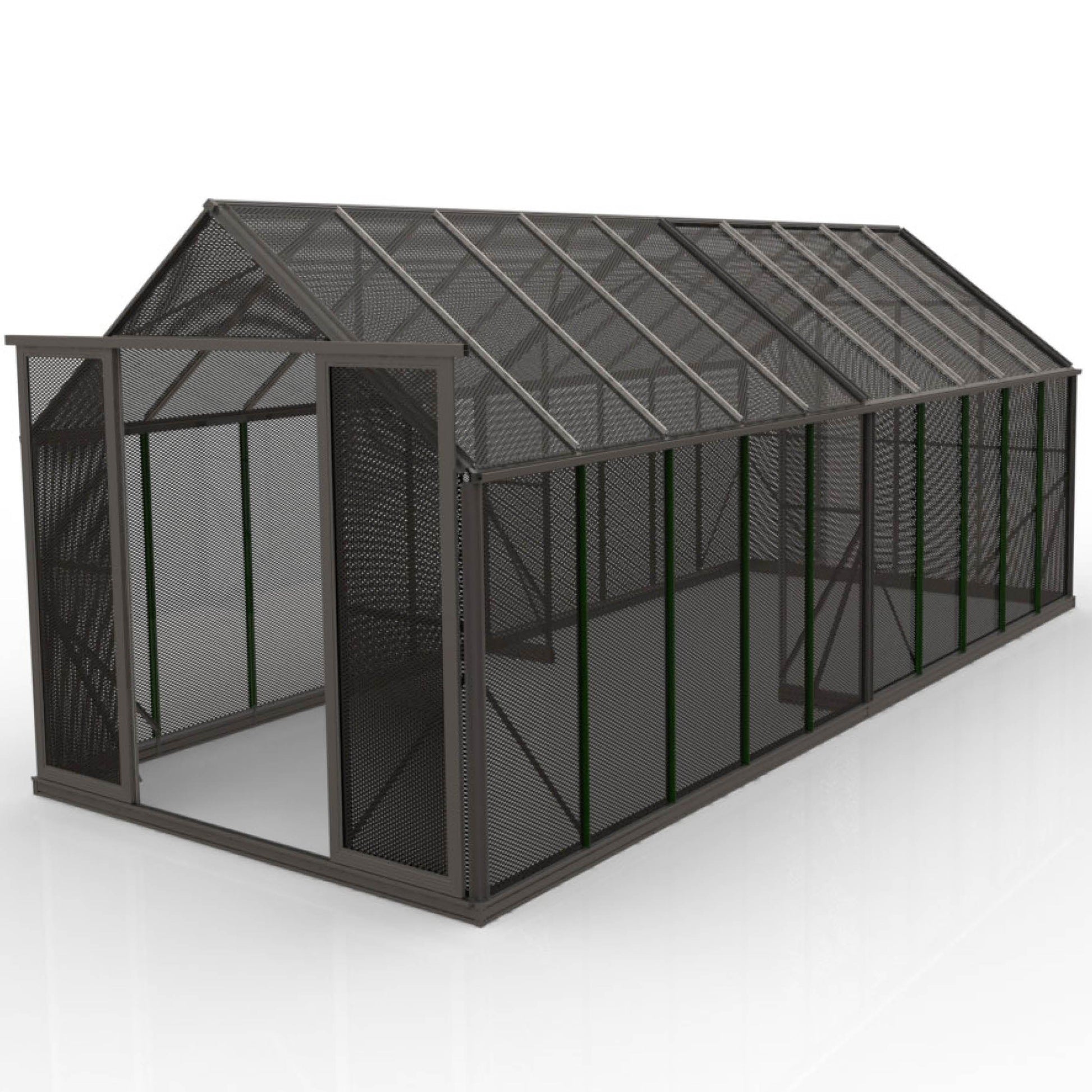 8x20ft mesh shade house with metal frame and mesh panels, open entrance, angled roof