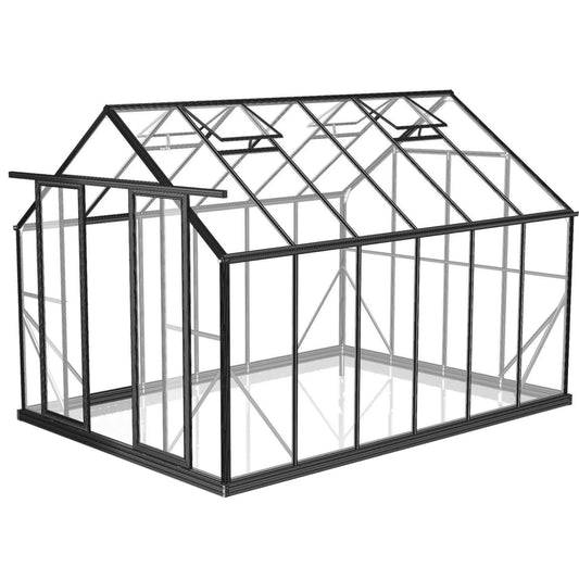 8x12ft glasshouse with black frame and 4mm toughened glass panels, roof vents open