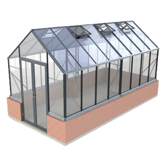 8x16 Elite greenhouse with glass panels, brick base, metal frame, and roof vents
